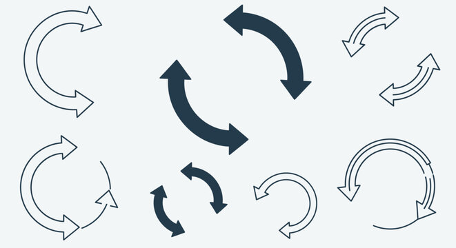 Assortment of curved and circular arrow icons in various styles, representing direction, refresh, rotation, and continuous flow for web interfaces and graphic design, in bright studio.