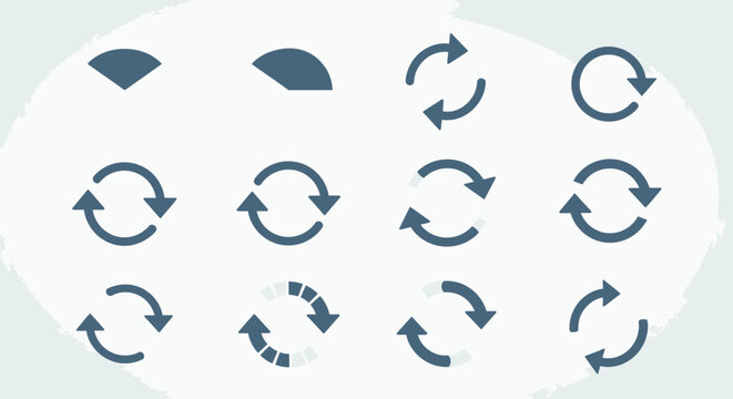 Collection of rounded refresh and reload arrow icons, symbolizing update, circular process, and continuous functionality for web and app interfaces, in bright studio.
