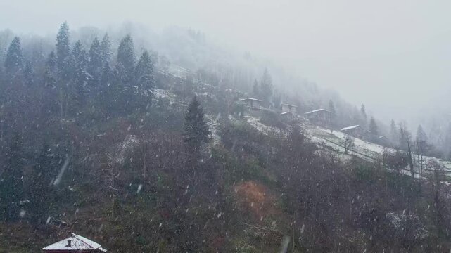 Snowfall covering traditional houses on a misty mountain hillside surrounded by forest and terraced fields. Peaceful rural winter landscape in Ayder Plateau, Rize, Turkey, in the scenic Black Sea regi