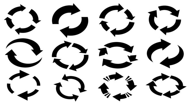 A collection of black circular arrow icons representing refresh, recycle, repeat, and reload actions.