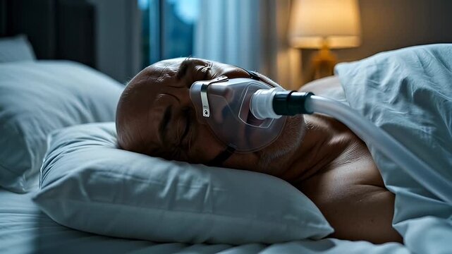 Mature man sleeps soundly with a breathing assistance device, ensuring proper respiratory support and peaceful rest during the nighttime in his bed