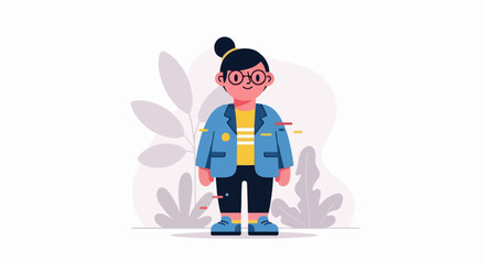 Obraz premium A cartoon person with glasses, a blue jacket, yellow shirt, and dark shorts