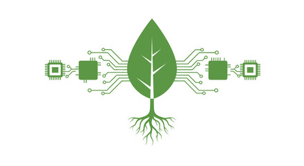 Obraz premium A green leaf with roots at its base, flanked by electronic circuit board traces and microchips, symbolizing the integration of nature and technology.