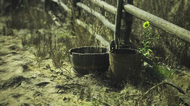 Empty wooden buckets resting on dry soil near fence, dried stems and footprints leading toward distant village, late summer harvest stillness in Croatia fields.