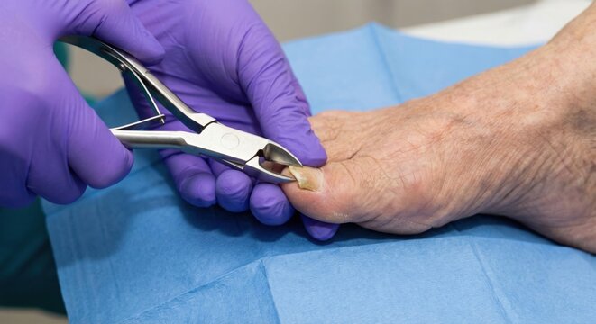 Podiatrist trimming thick toenail with surgical nippers
