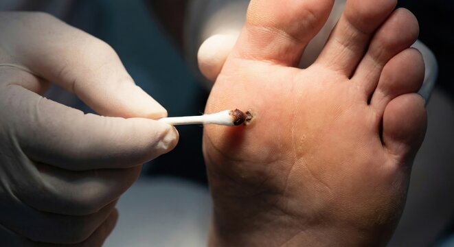 Podiatrist applying silver nitrate to a plantar wart on foot