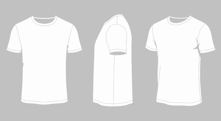 Three blank white t-shirts displayed from front, side, and angled views for design mockups.