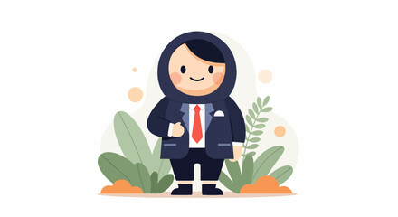 Fototapeta premium A cheerful cartoon figure in a suit and hijab stands amidst stylized greenery and circles