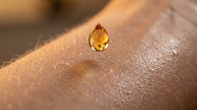 Golden PRF droplet falling on hydrated human skin