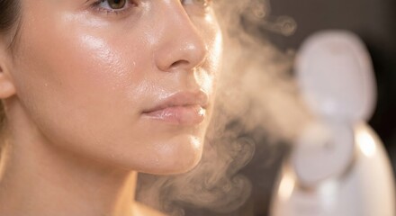 Fototapeta premium Woman with glowing glass skin receiving facial steam treatment