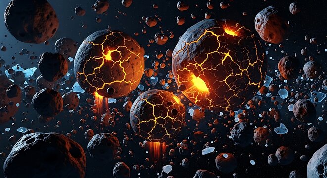 Cosmic landscape of fiery celestial bodies amidst a storm of space debris and glowing energy. astroid belt