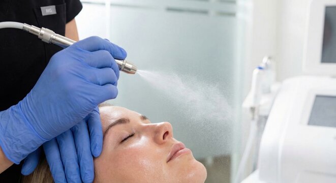 Aesthetician applying oxygen infusion spray on woman's face