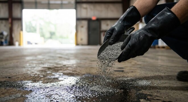 Spreading industrial absorbent on oil spill on warehouse floor