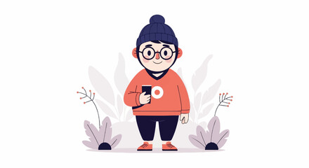 A cartoon character in a beanie, glasses, and sweater holds a phone amidst decorative foliage