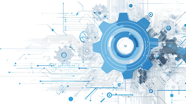 An abstract depiction of interconnected gears, circuits, and technical elements in shades of blue