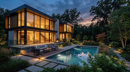 Obraz premium Modern residential home with large glass windows, serene garden space, and illuminated swimming pool during twilight in a natural setting