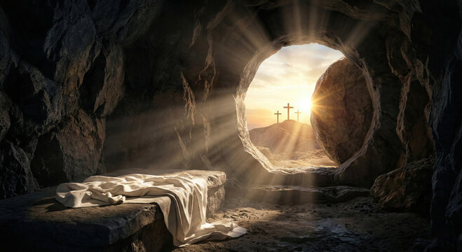 Easter resurrection scene, empty tomb with stone rolled away, sunlight shining through, crosses in background at sunrise