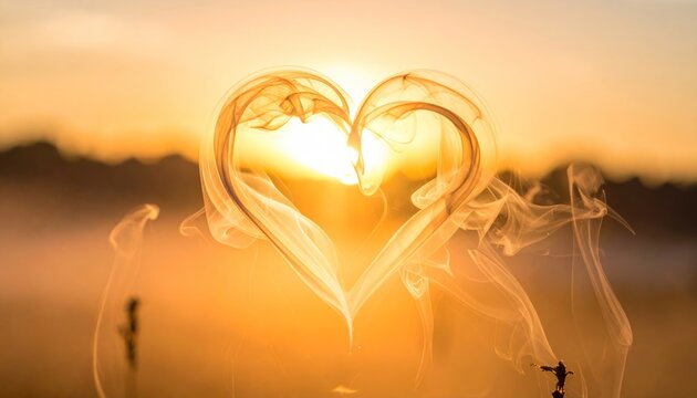 Romantic heart shaped smoke at sunset.
