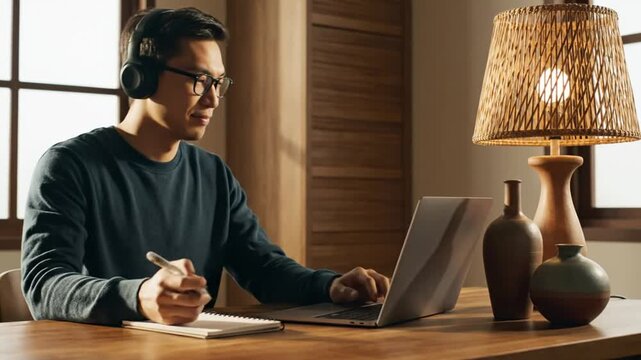 Man learning online at desk.