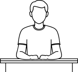 Obraz premium Hand Drawn Man Sitting at Desk Black and White Avatar Illustration in Minimal Line Art Style Design
