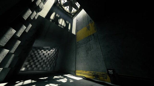 Skylit concrete shaft with checkerboard wall and sharp light patterns upward view reveals grated skylight, metal beams, subtle dust motes, and industrial