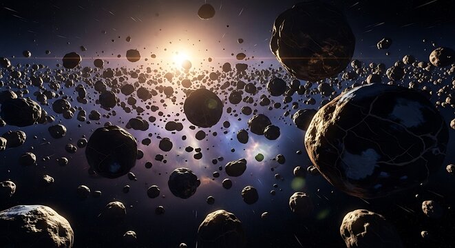 Cosmic nebula amidst a field of celestial and mysterious space rocks. astroid belt