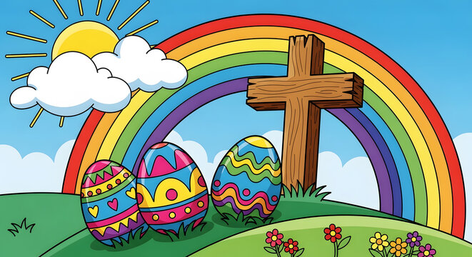 Easter eggs and wooden cross under a rainbow and sun image