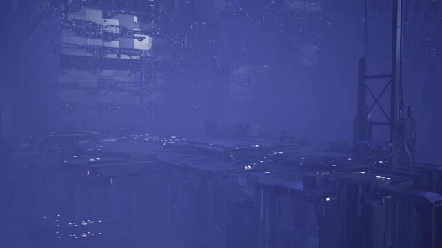 Night mist blue platform with snow and stars, rusted rails and beams, empty warehouse silhouettes, heavy frost on girders, silent industrial scene with echoing