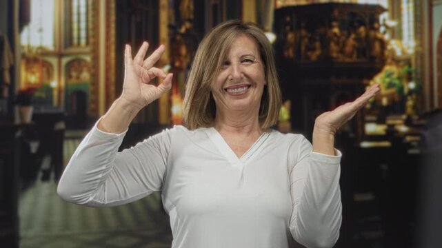 Caucasian woman smiling and making ok sign with hand among wooden pews in church interior; approval.