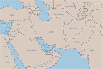 Fototapeta premium Iran map and neighboring countries vector flat design middle east region illustration geography background