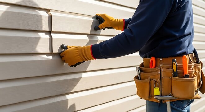 Worker installing beige vinyl siding panels on exterior residential home wall