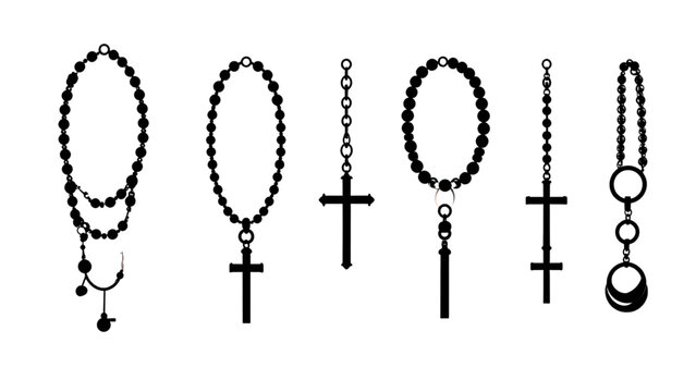 Rosary Beads Silhouette Set with Holy Cross &ndash; Religious Prayer Necklace Vector Illustration