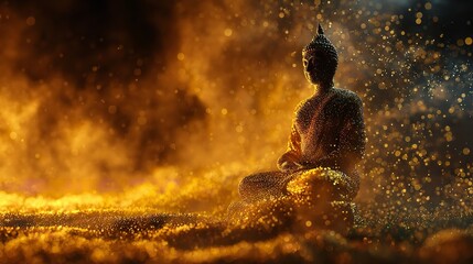Obraz premium Golden Buddha Statue Surrounded by Sparkling Particles