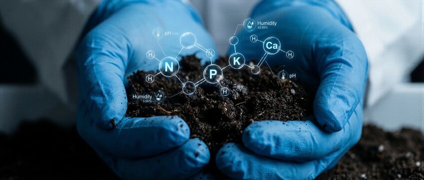 Scientist examining soil fertility with holographic interface showing nutrients and pH