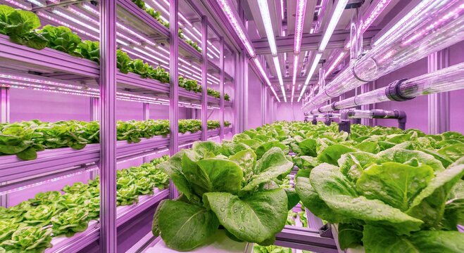 Modern hydroponic agriculture facility growing organic vegetables under LED lighting