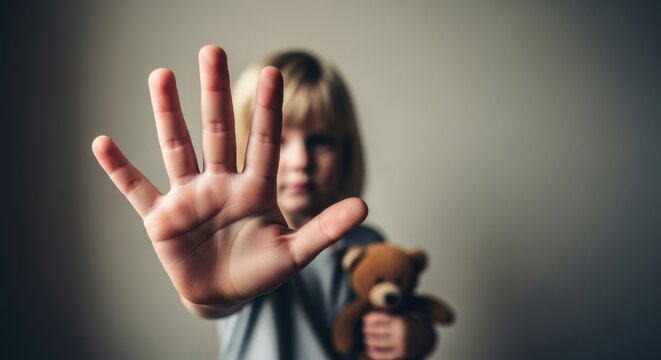Kind zeigt Stopp-Geste mit der Hand zum Schutz vor Gewalt und Missbrauch. Kinderschutz, Pr&auml;vention und soziale Hilfe Konzept
