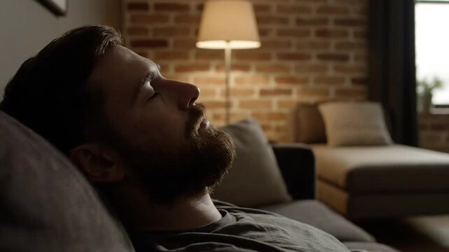 Man sleeping on couch with cozy room.