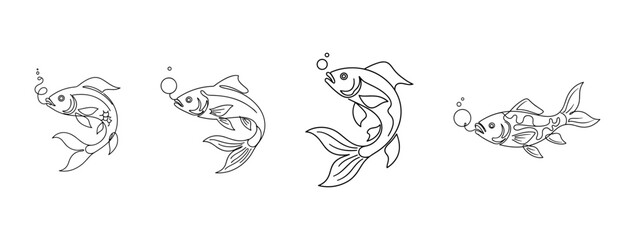 Obraz premium Collection of continuous one line drawing of a jumping fish with water bubbles aquatic underwater life concept in minimalist linear art style for design