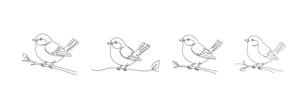 Set of continuous one line drawing of a small bird sparrow sitting on a tree branch nature wildlife concept in minimalist linear style isolated on white