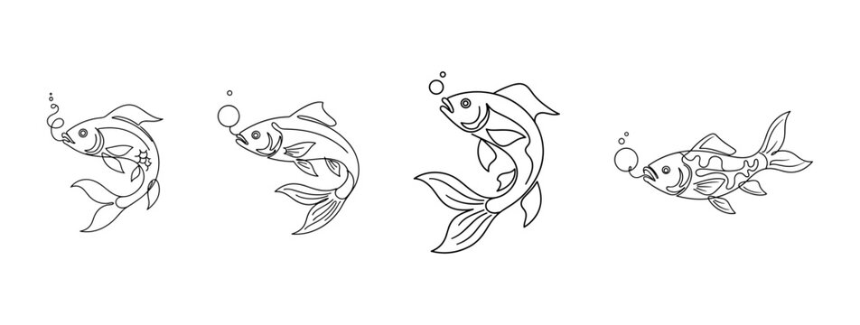Collection of continuous one line drawing of a jumping fish with water bubbles aquatic underwater life concept in minimalist linear art style for design