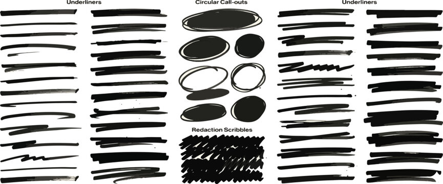Marker pen underline and strikethrough strokes. Hand drawn collection of different scribble lines and brush strokes. Crosses, oval and strikethroughs. Vector black ink illustration of scribbles.