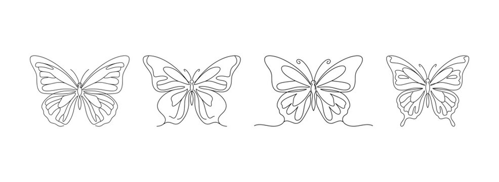 Collection of continuous one line drawing of a butterfly with wings spread insect nature wildlife concept in minimalist linear style isolated on white vector
