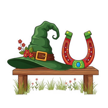 A green witch hat and a red horseshoe on a wooden bench