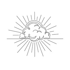 Fototapeta premium Minimalist continuous line drawing of a cloud with sun rays or rainbow representing hope, weather, nature, and positive energy isolated on white background.