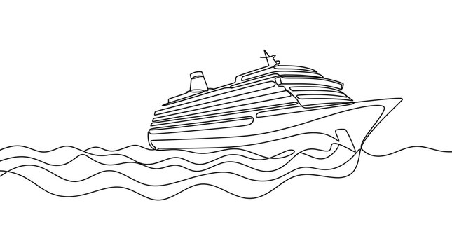 Large cruise ship sailing on ocean waves continuous one line drawing, minimalist maritime transport vector illustration for luxury travel and vacation.