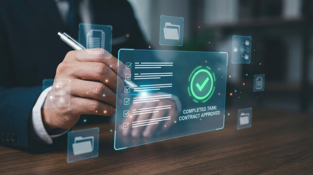 Confident businessman uses advanced technology and futuristic hologram interface for document approval and compliance, holding pen to provide digital signature confirming data validation