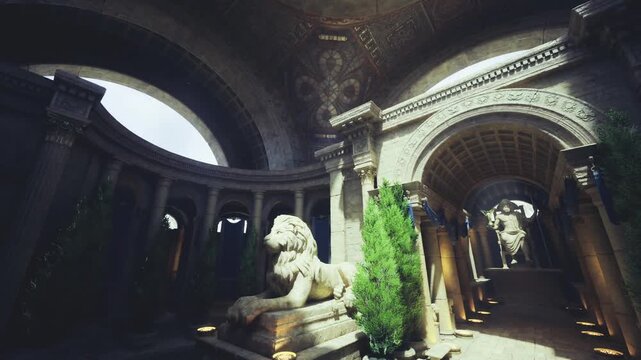 soaring arcade with ornate capitals and drapery banners, oculus light spilling across fluted columns, ivy climbing pilasters and heraldic motifs adding