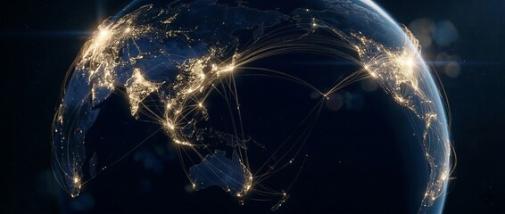 Global digital network connections glowing over Asia and Australia on earth at night © lianlian liang