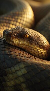 Golden python slithering in twilight exotic habitat wildlife close-up view
