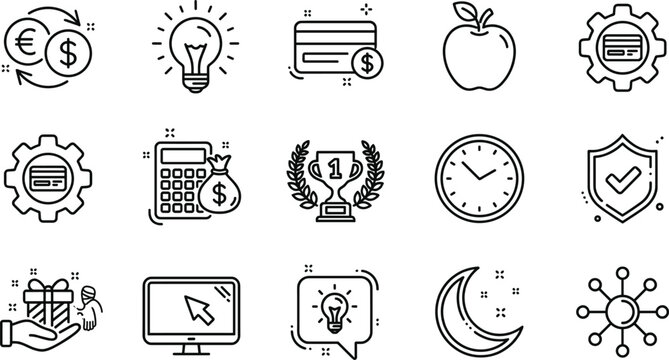Business and Productivity Outline Icon Set with Currency Exchange, Idea Lightbulb, Credit Card Payment, Apple, Calculator, Trophy Award, Clock, Security Shield and Network Symbols